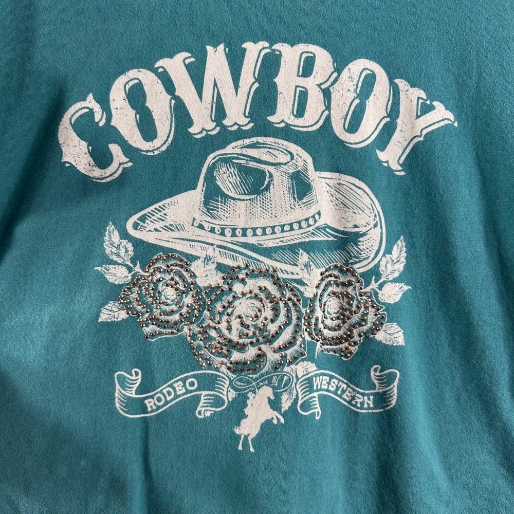 Organic Generation Teal Cowboy Rodeo Western Graphic T-Shirt Rhinestone Size M - Picture 4 of 7